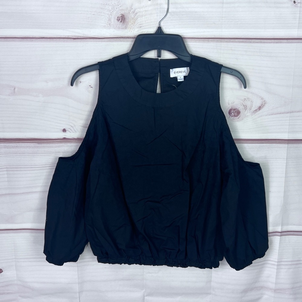 Evereve Top Womens S Black Cold Shoulder Blouse Elastic Waist Cropped Crew Neck